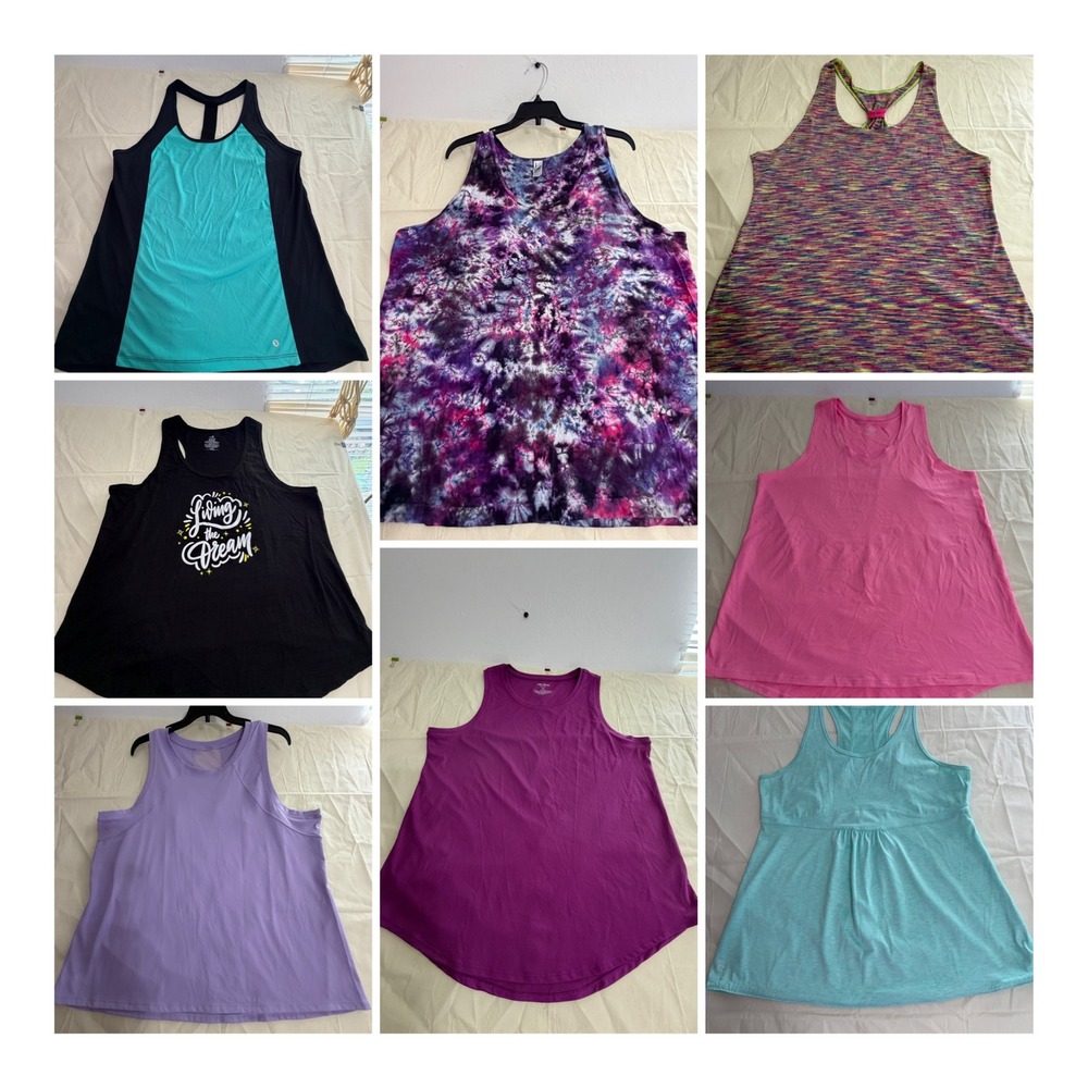 Lot of 8 Womens Sport Tank Tops Tek Gear Athletic Works Purple Pink Teal Black